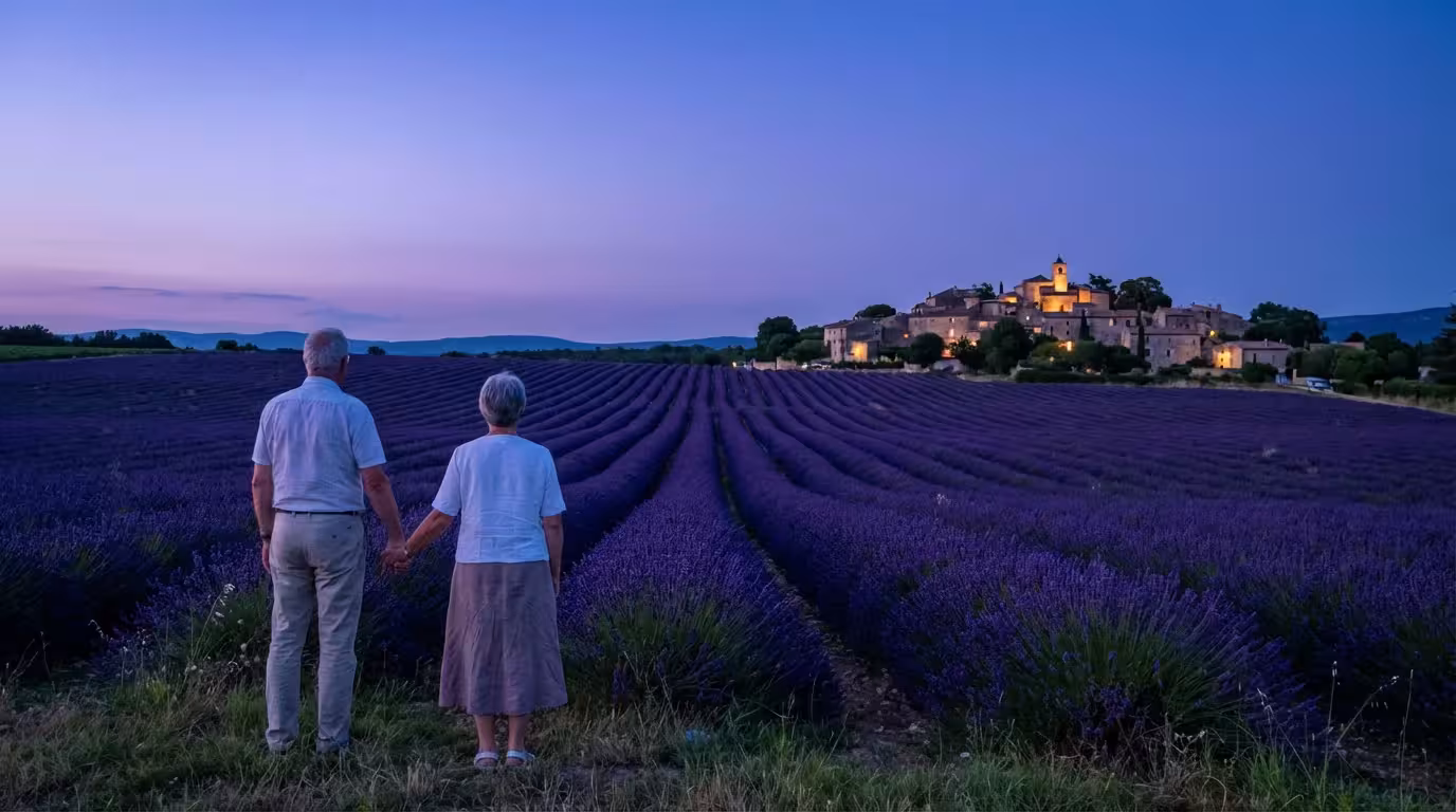 Senior couple enjoys the blue hour over the vast lavender fields of Provence, France.
