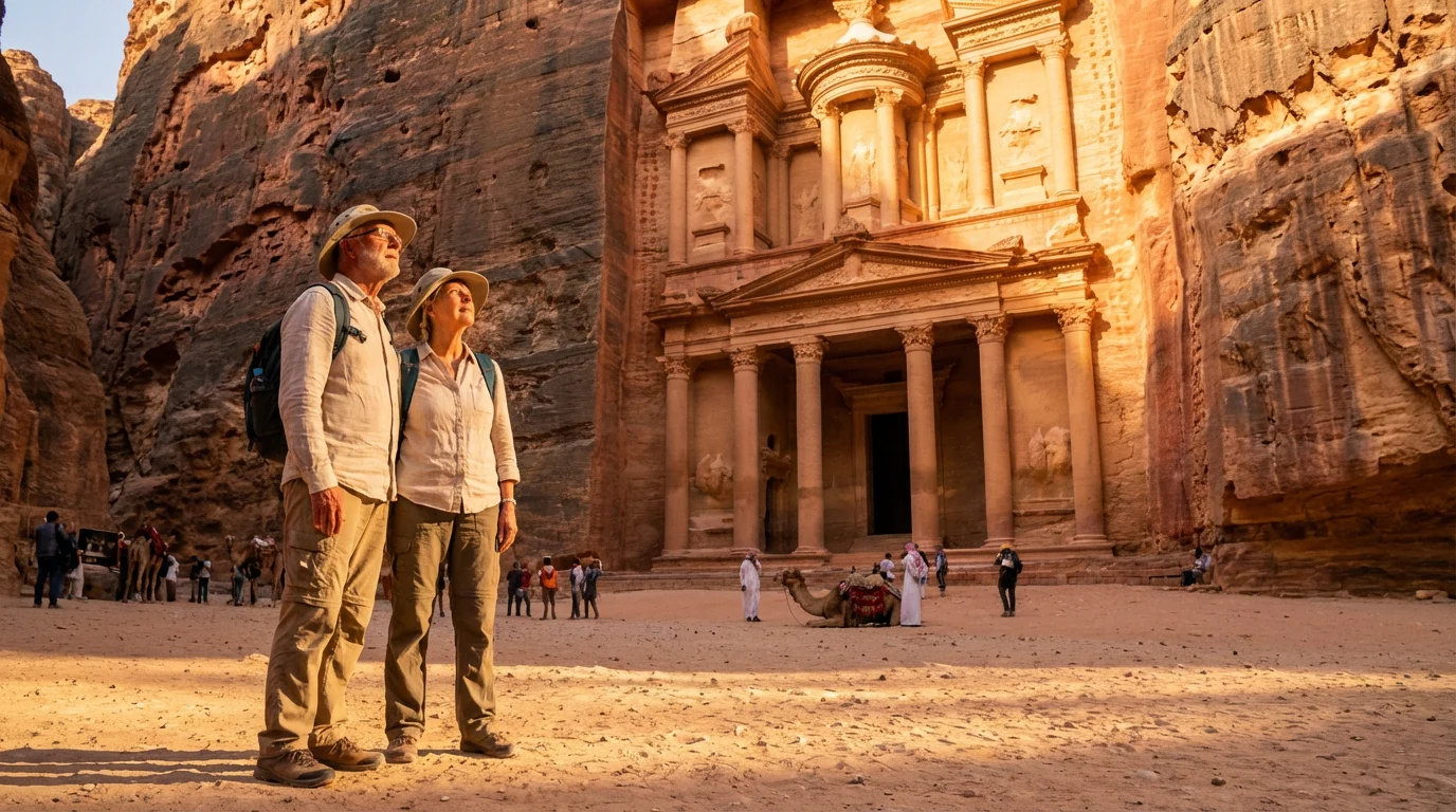 Senior couple gazes at the Treasury in Petra, Jordan during a golden hour sunset.