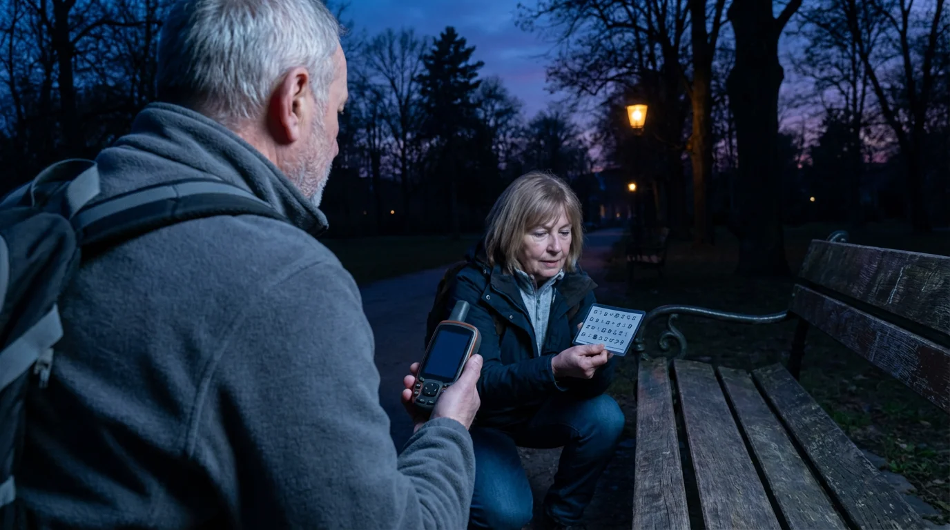 Senior couple geocaching in a city park at dusk, examining a unique clue.
