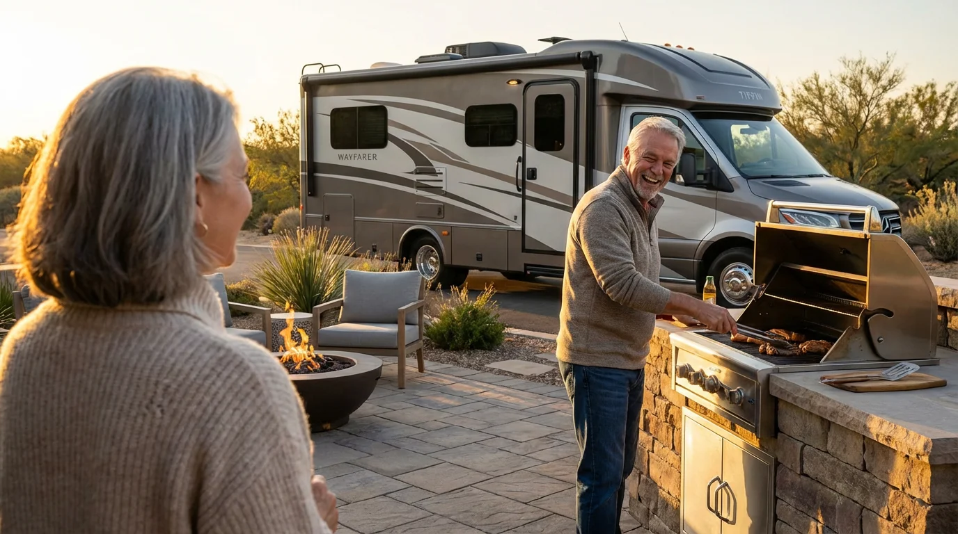 Senior couple grilling at an RV park amenity area during a warm golden hour.