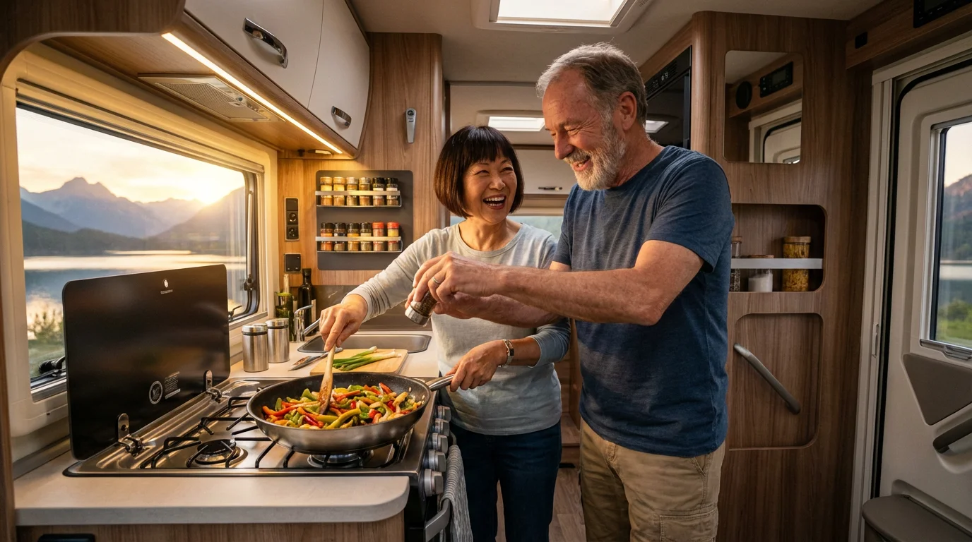 Senior couple happily cooking a meal together in a modern RV kitchen at sunset.