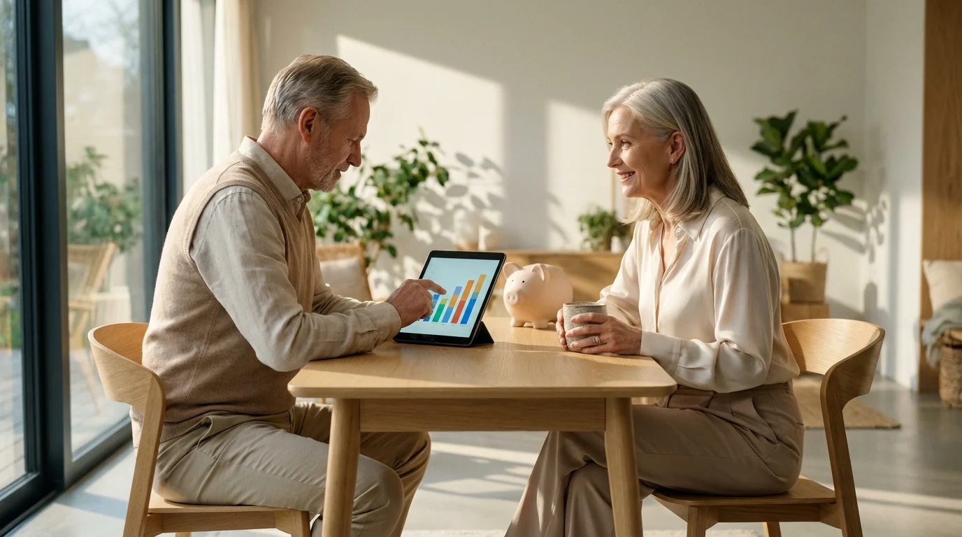 Senior couple happily planning their travel finances with a tablet in a bright sunroom.