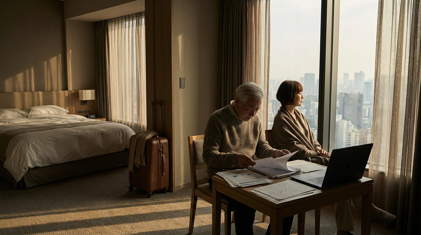 Senior couple in a hotel room organizing travel insurance claim paperwork in the afternoon.