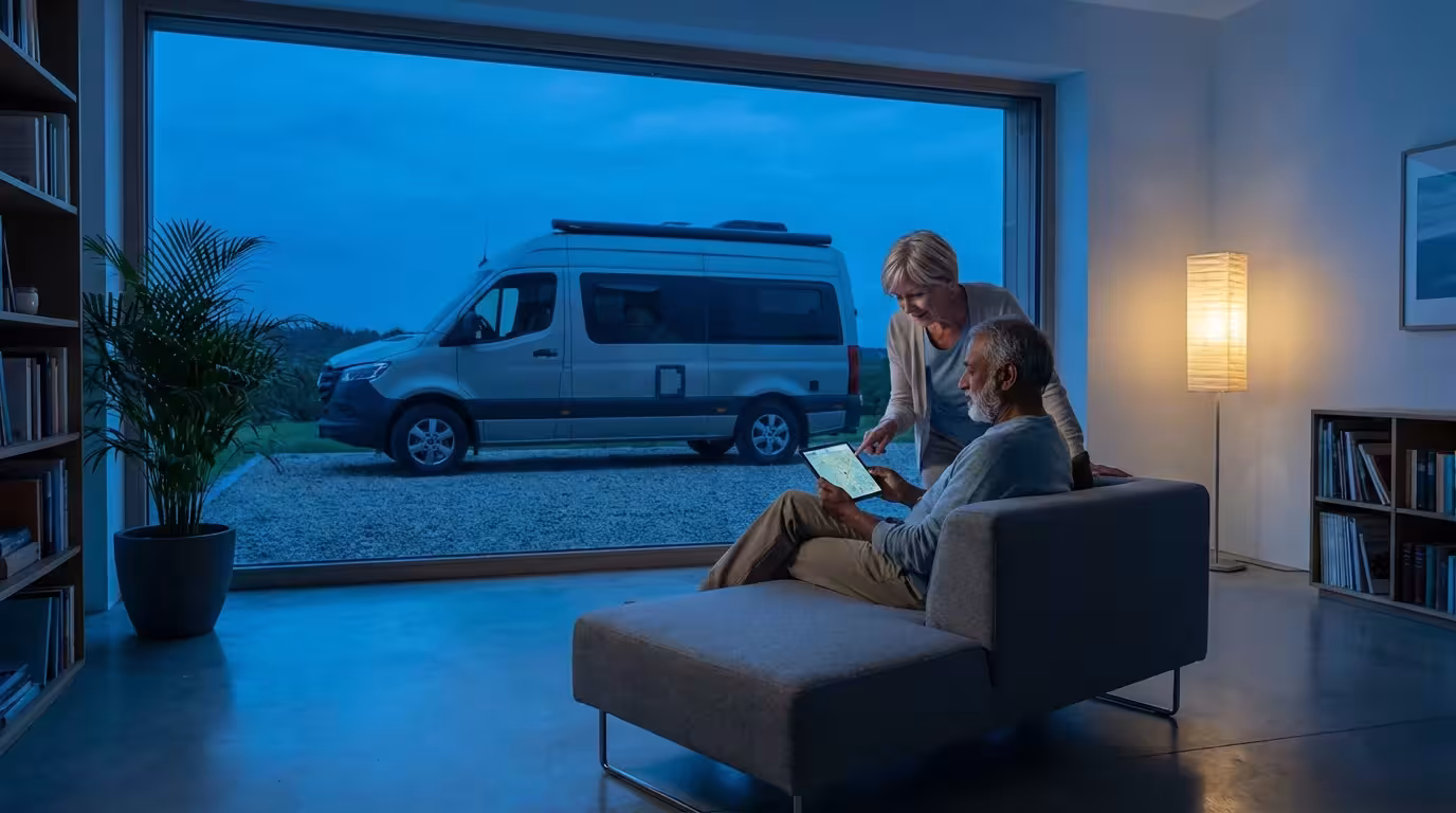Senior couple in a modern living room planning an RV trip at twilight.