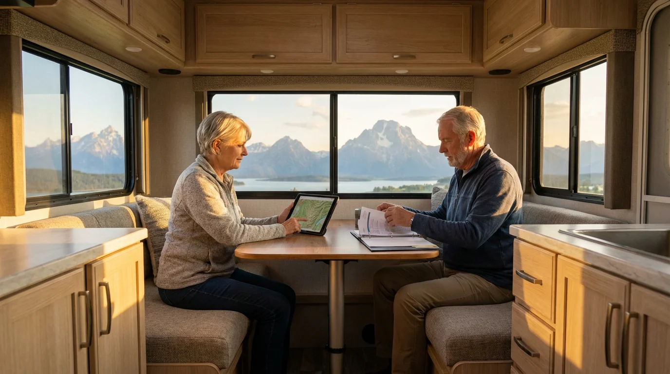 Senior couple in a modern RV planning their trip with a tablet and documents at sunset.