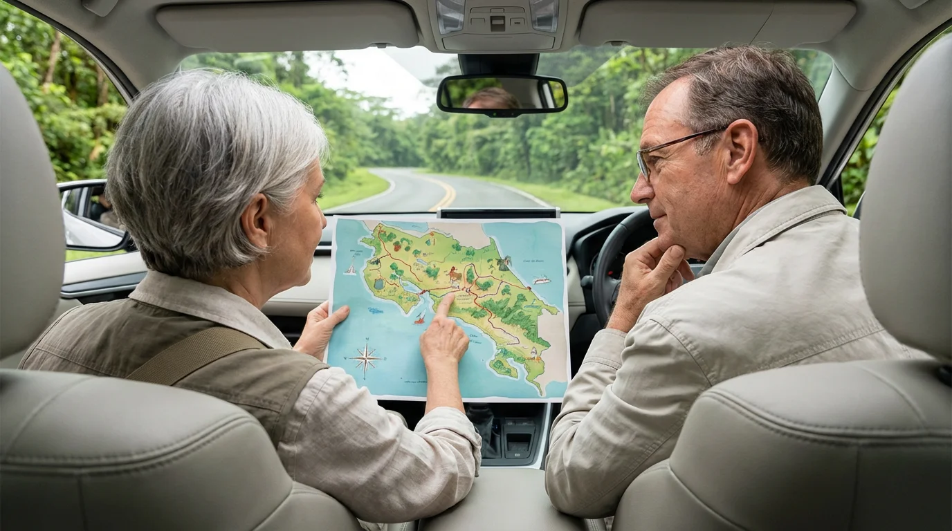 Senior couple in a rental car planning their scenic Costa Rican road trip with a map.