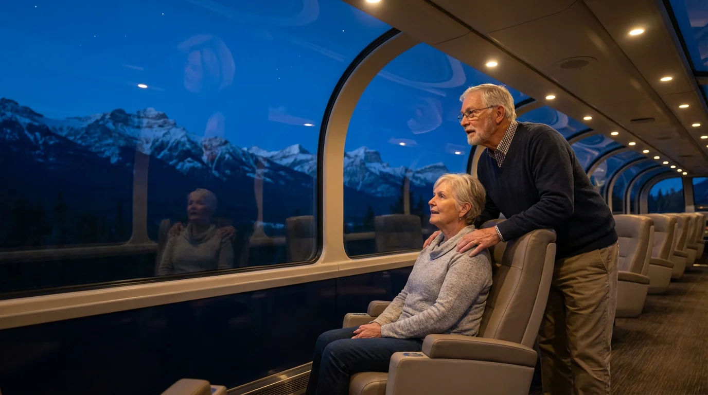 Senior couple in a train's glass dome car admiring the Canadian Rockies at twilight.