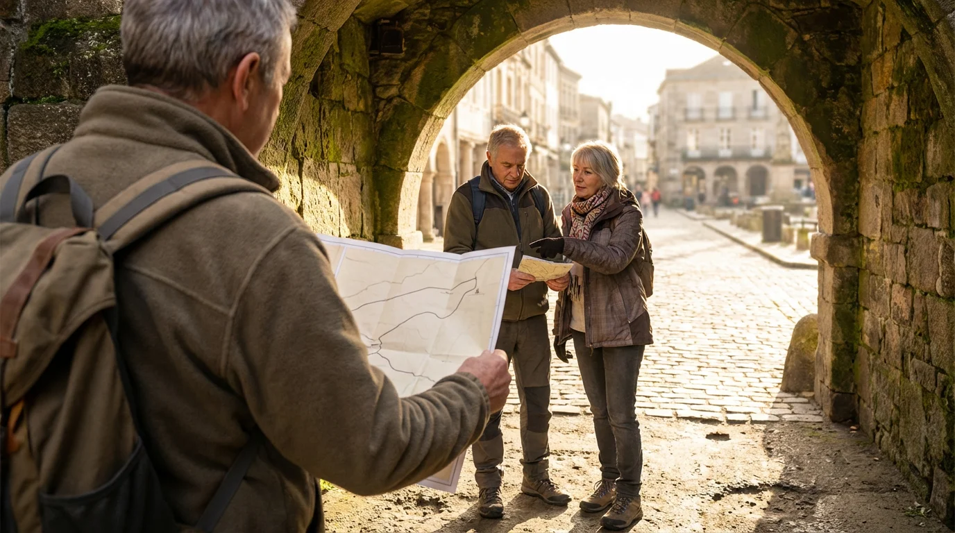 Senior couple in an archway looking at a map of a cobblestone town.