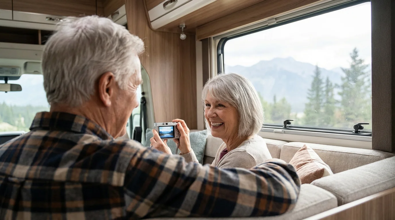 Senior couple in an RV happily looking at photos together on a digital camera.