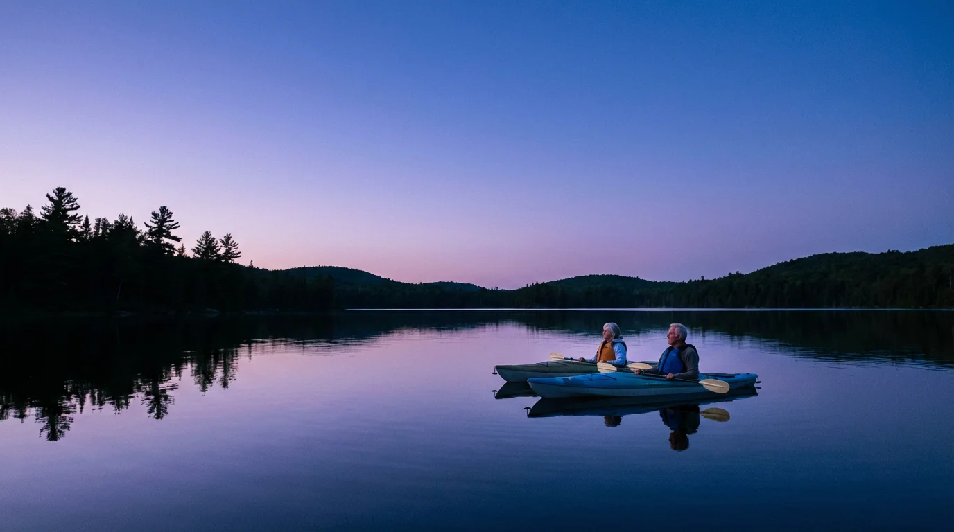 Senior couple in kayaks on a serene, glassy lake during blue hour twilight.