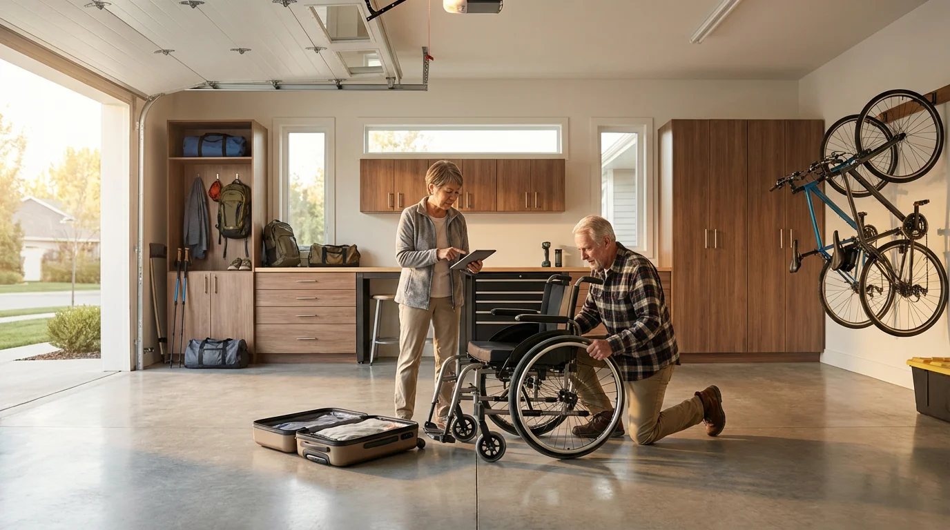 Senior couple in their garage packing a foldable wheelchair and travel gear for a trip.