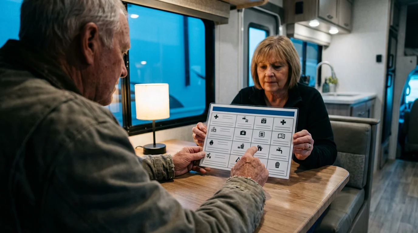Senior couple inside an RV at dusk reviewing a laminated emergency response plan together.