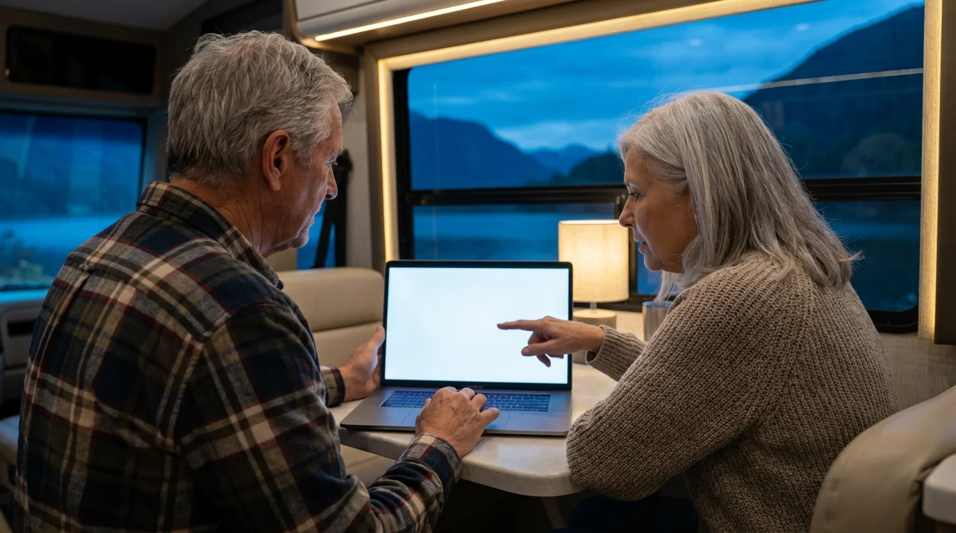 Senior couple inside their RV at dusk, looking at a laptop to research insurance.