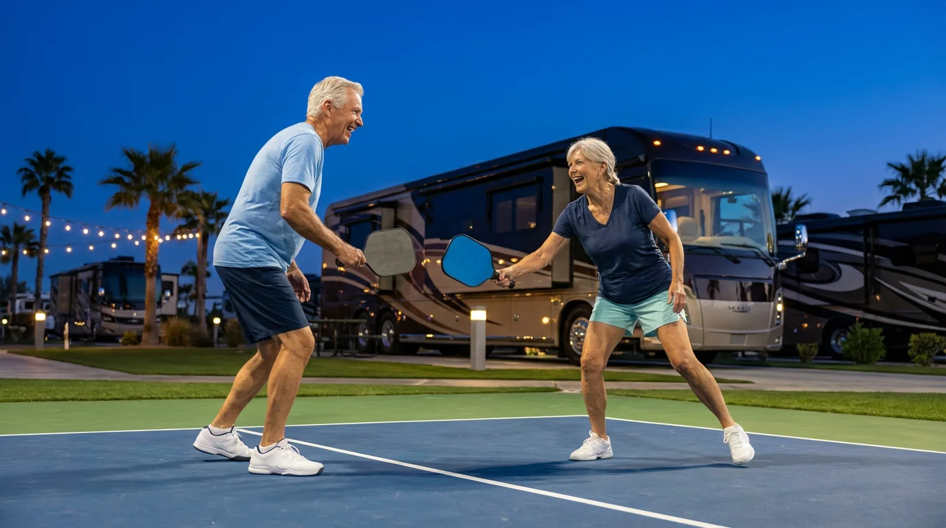 Senior couple laughing on a pickleball court at a luxury RV resort at dusk.