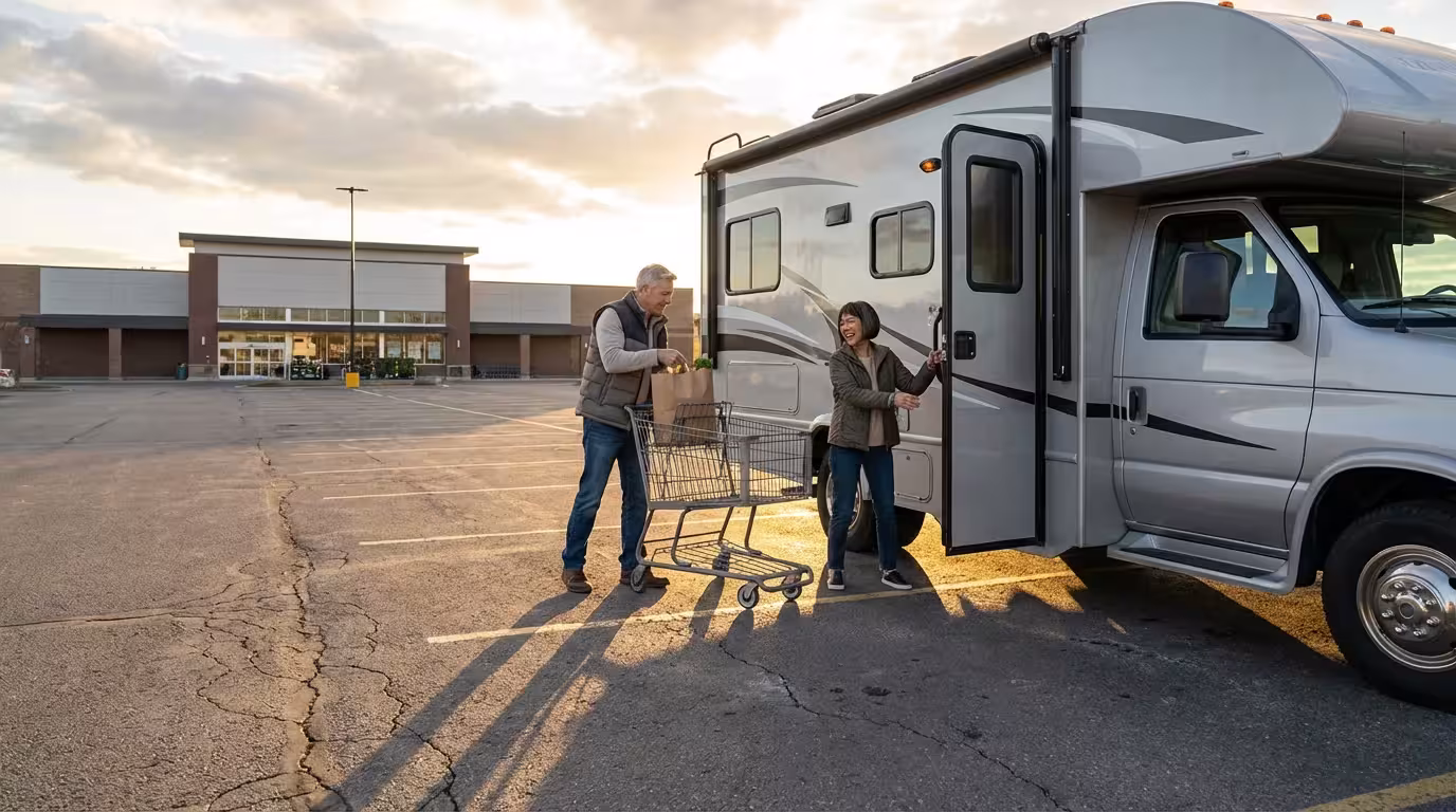 Senior couple loading groceries from a shopping cart into their modern RV in a parking lot.