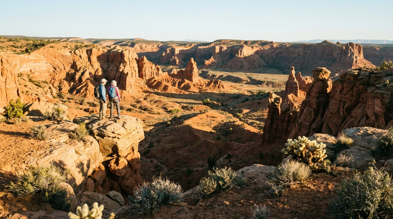 Senior couple looking over a vast, hidden Arizona desert valley at golden hour.