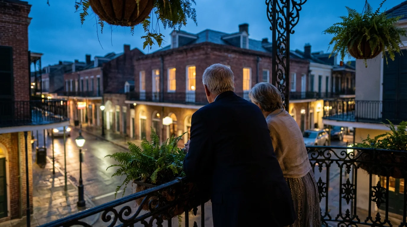 Senior couple on a New Orleans balcony at dusk enjoying the city view.