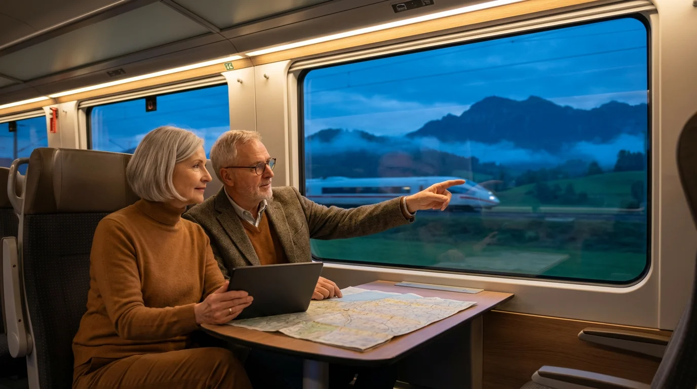 Senior couple on a train planning their trip through the Bavarian Alps at dusk.