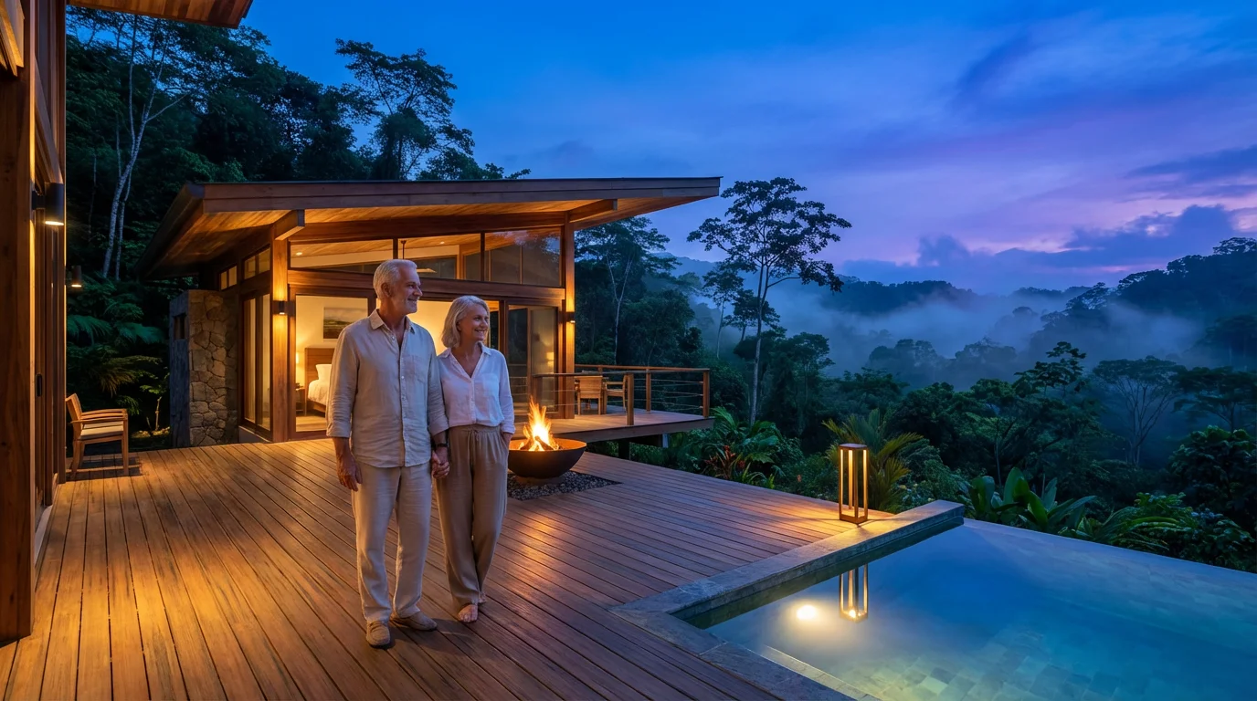 Senior couple on an eco-lodge balcony overlooking a Costa Rican rainforest valley at dusk.