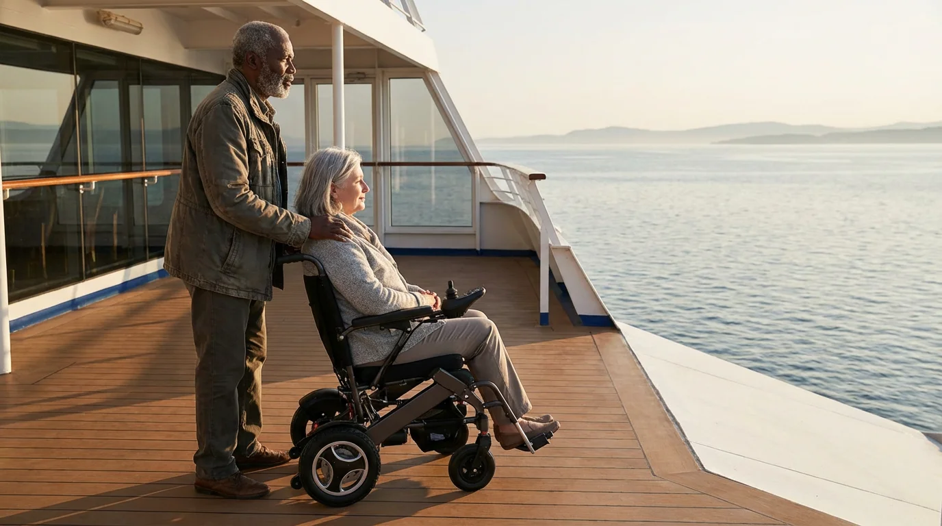 Senior couple, one in a wheelchair, enjoying the sea view from a ship's deck.