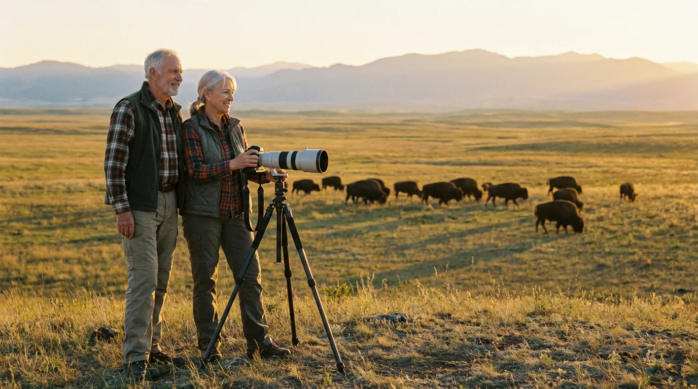 Senior couple photographing a herd of bison in a vast prairie at golden hour.