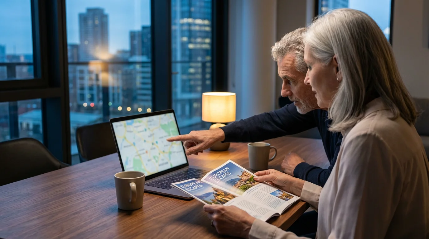 Senior couple planning an educational trip on a laptop and map during the evening.