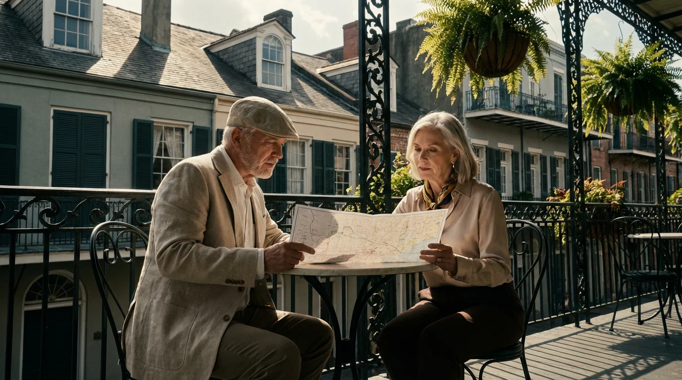 Senior couple planning their New Orleans trip on a sunny French Quarter balcony.