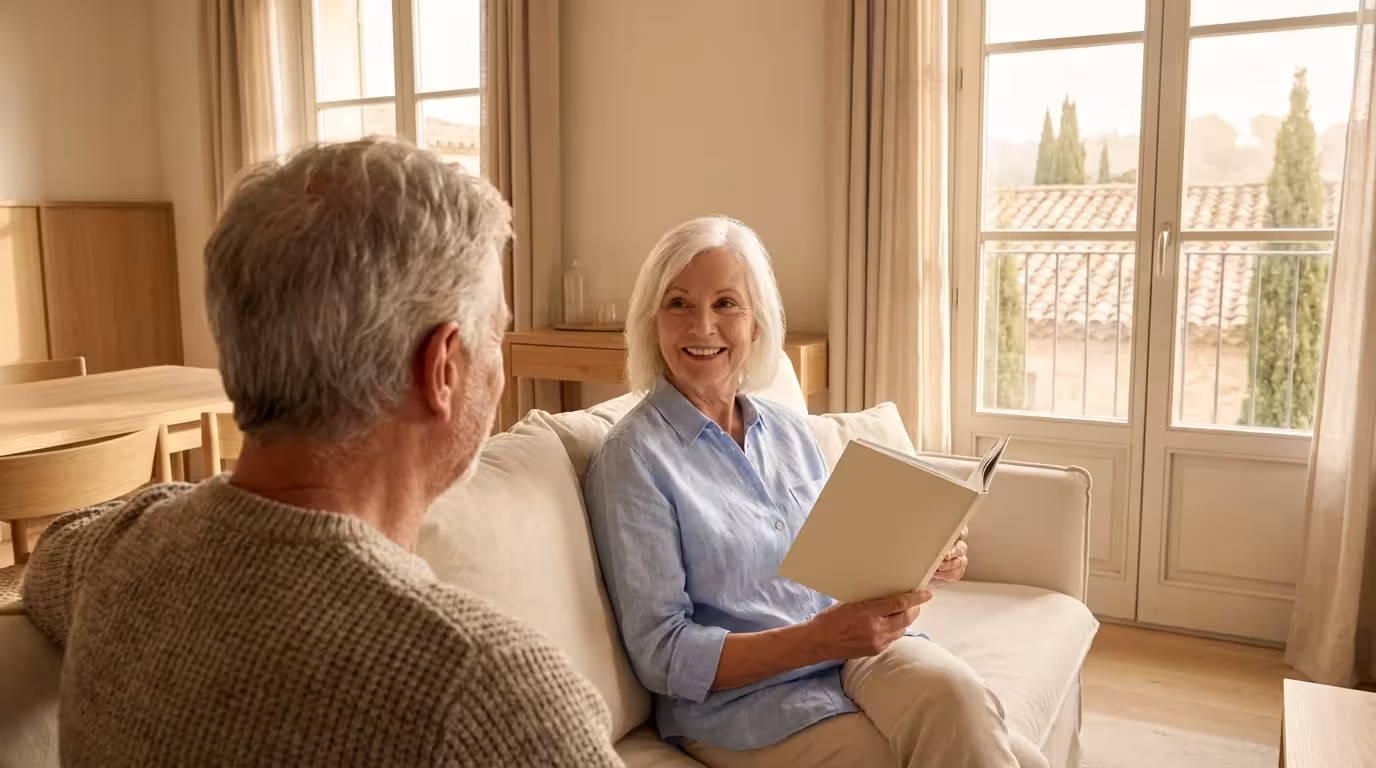 Senior couple relaxing and planning their day in a comfortable, sunlit Provence hotel room.