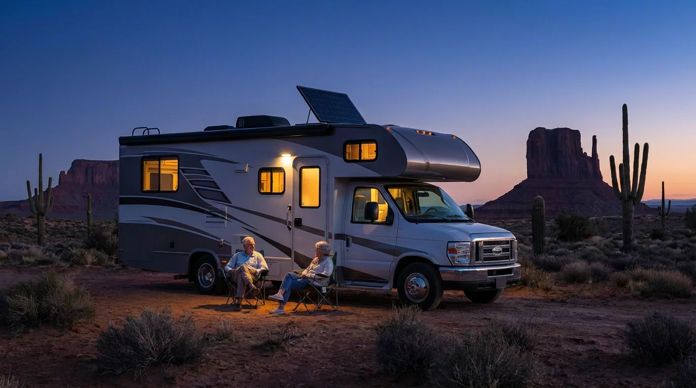 Senior couple relaxing by their solar-powered RV in a remote desert landscape at dusk.