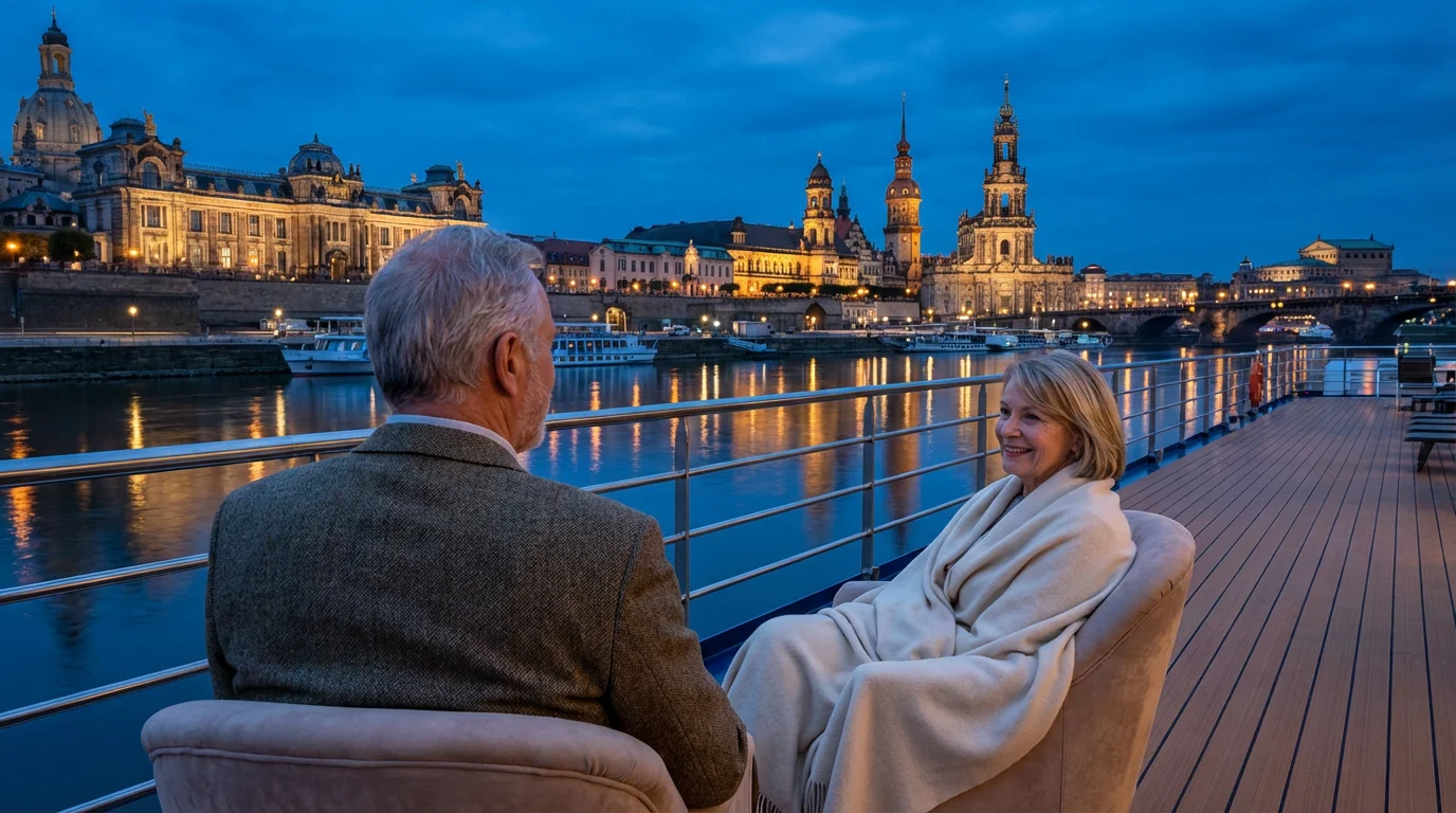 Senior couple relaxing on a luxury river cruise ship deck at blue hour.