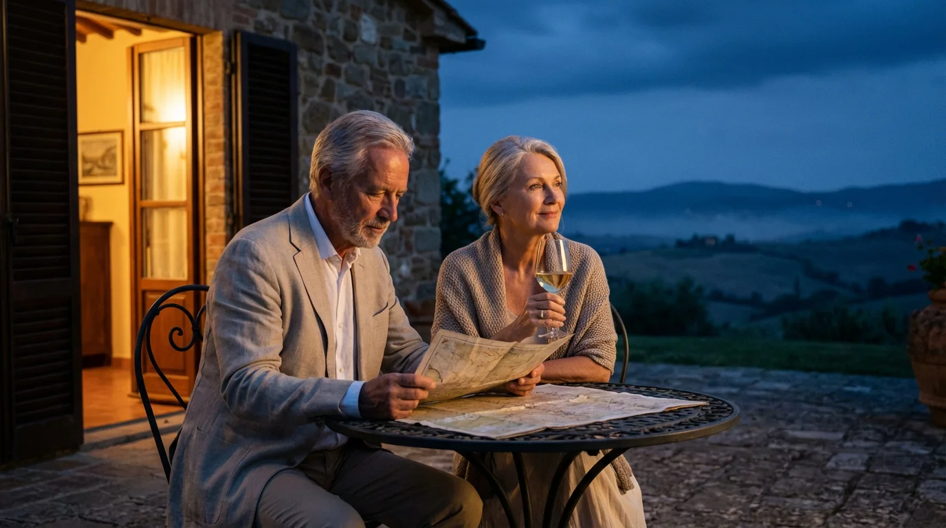 Senior couple relaxing with a map and wine on a Tuscan villa terrace at dusk.