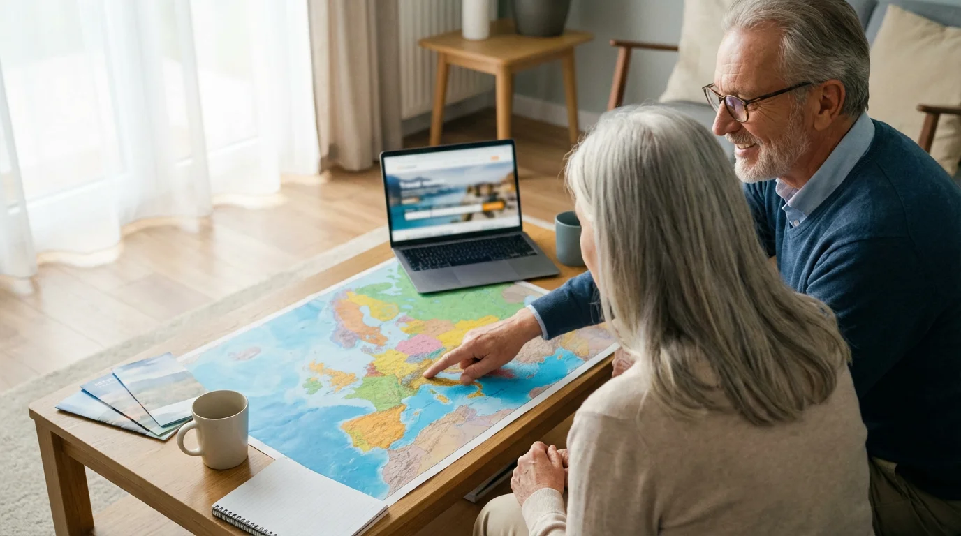 Senior couple sitting at a table, planning a European vacation with a map.