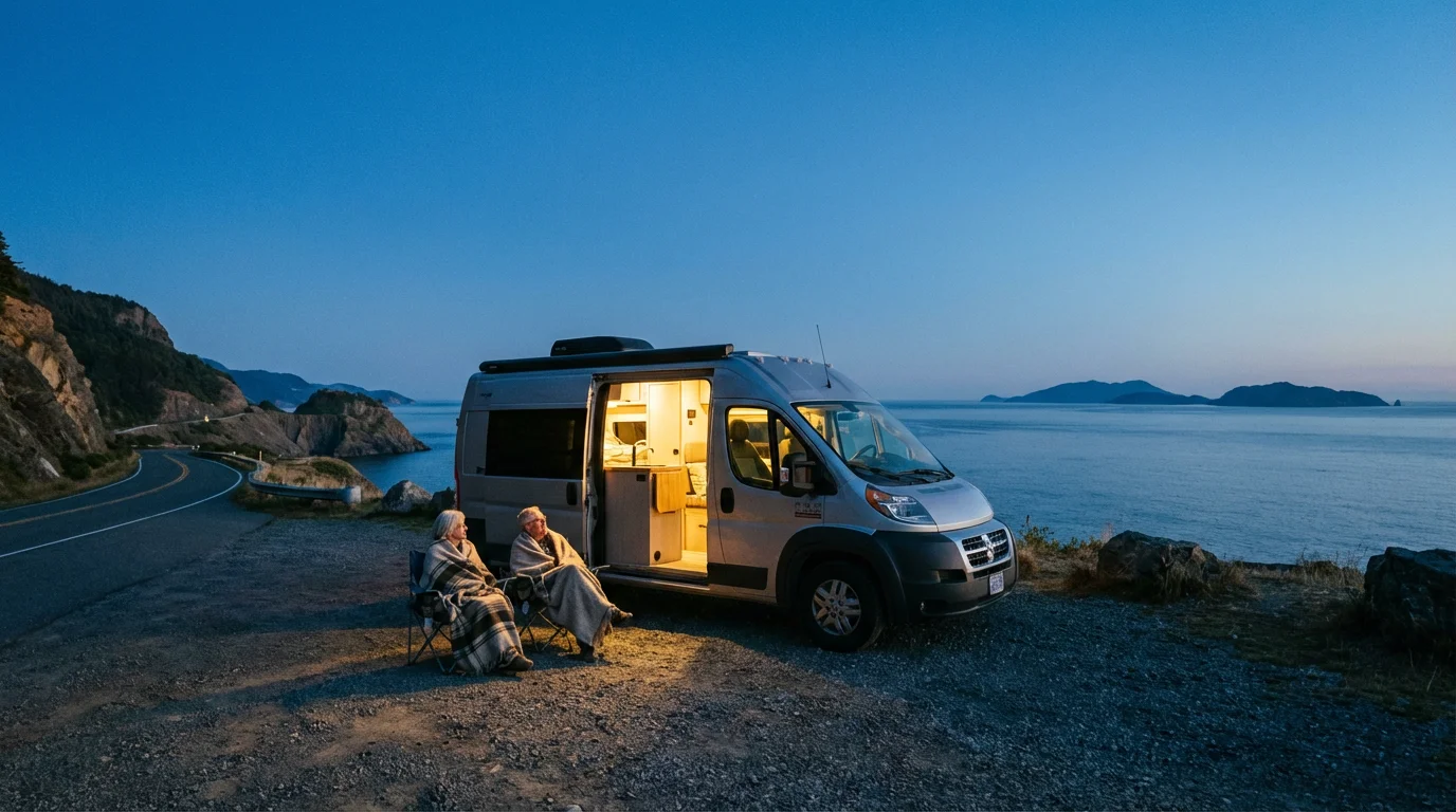 Senior couple sitting by their camper van at a coastal overlook during blue hour.