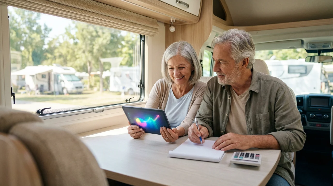 Senior couple sitting inside an RV, budgeting for internet with a tablet and calculator.