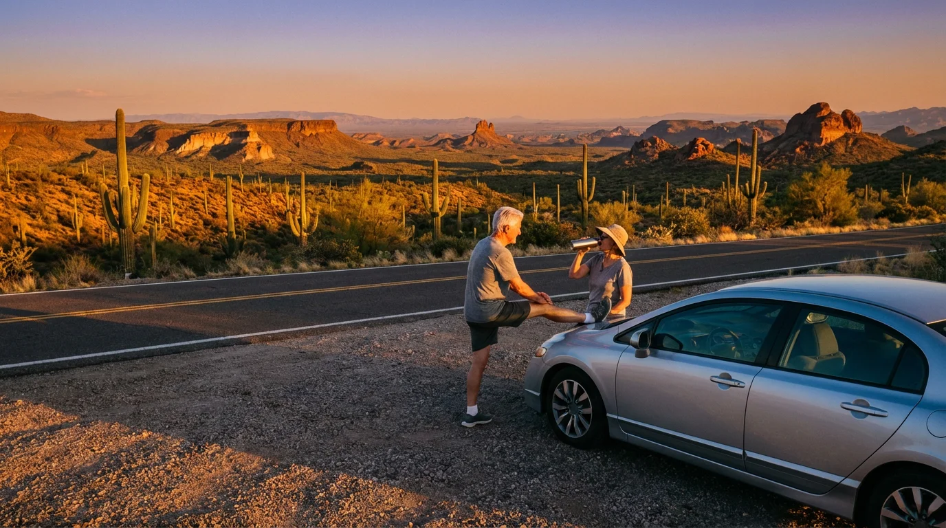 Senior couple stretching and hydrating by their car at a desert scenic overlook during sunset.