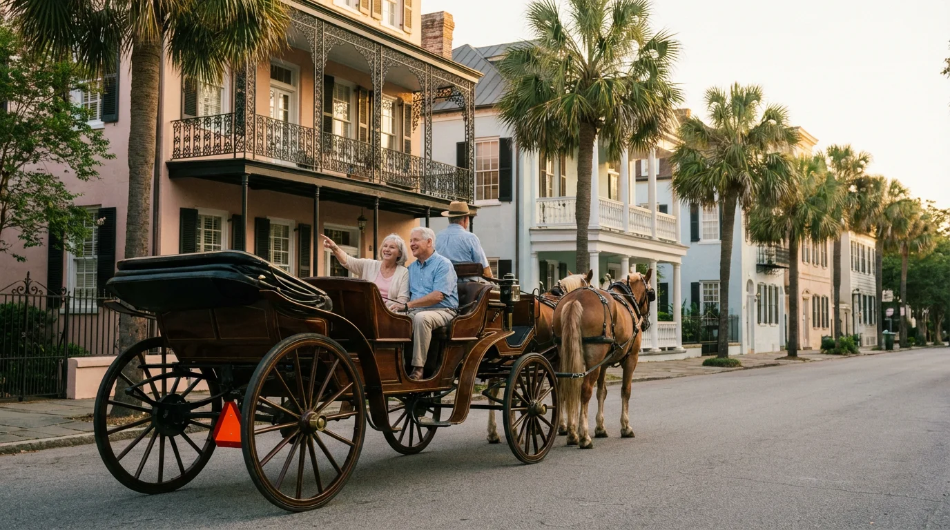 Senior couple taking a charming horse-drawn carriage tour through historic Charleston at sunset.