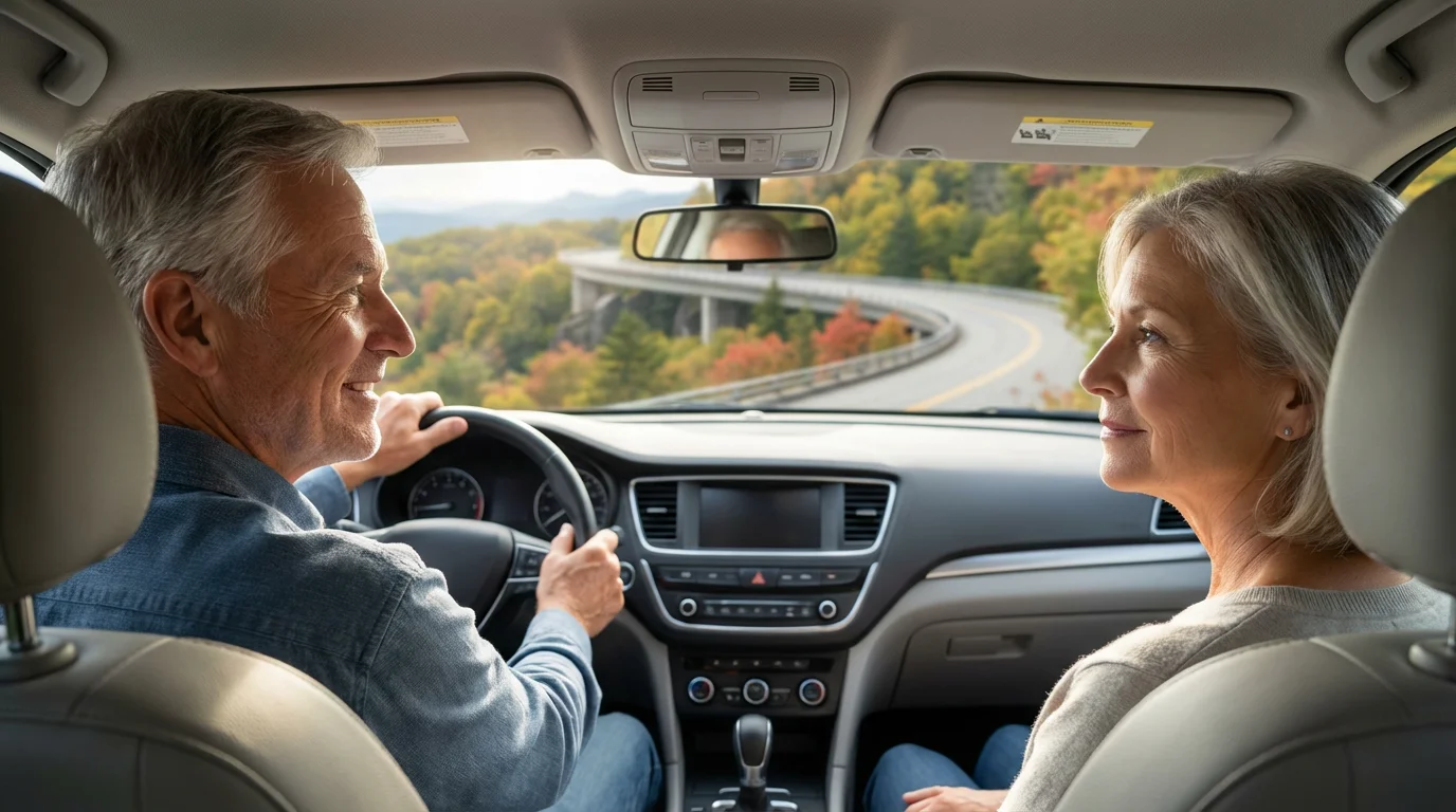 Senior couple taking a serene, scenic drive through the Blue Ridge Parkway's Appalachian Mountains.
