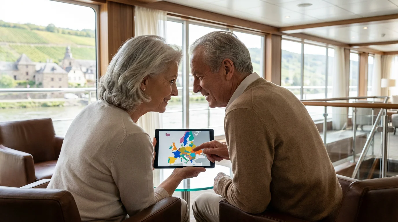 Senior couple using a tablet to plan their trip in a luxury river cruise lounge.