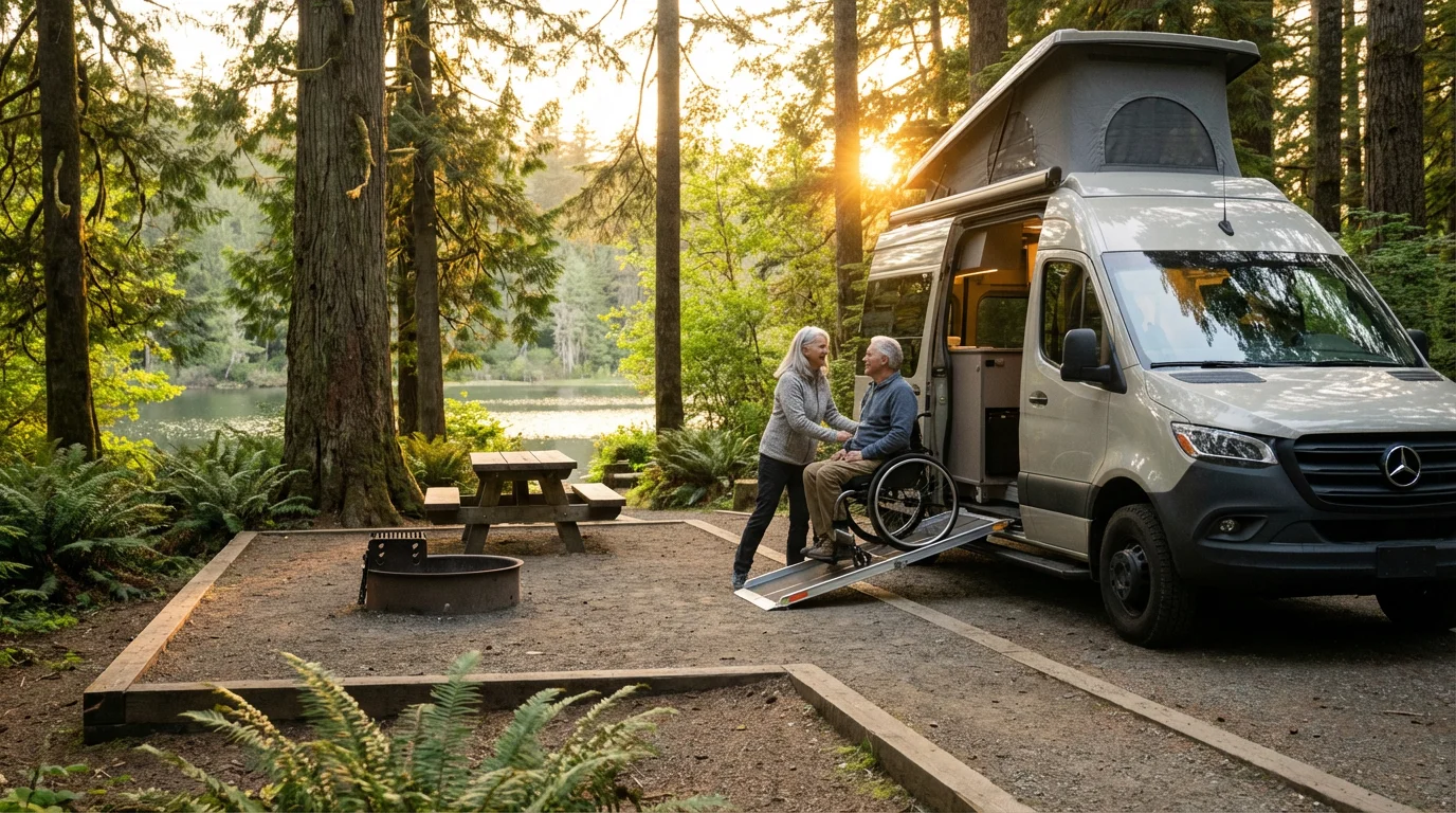 Senior couple using a wheelchair ramp to access their camper van at a forest campsite.