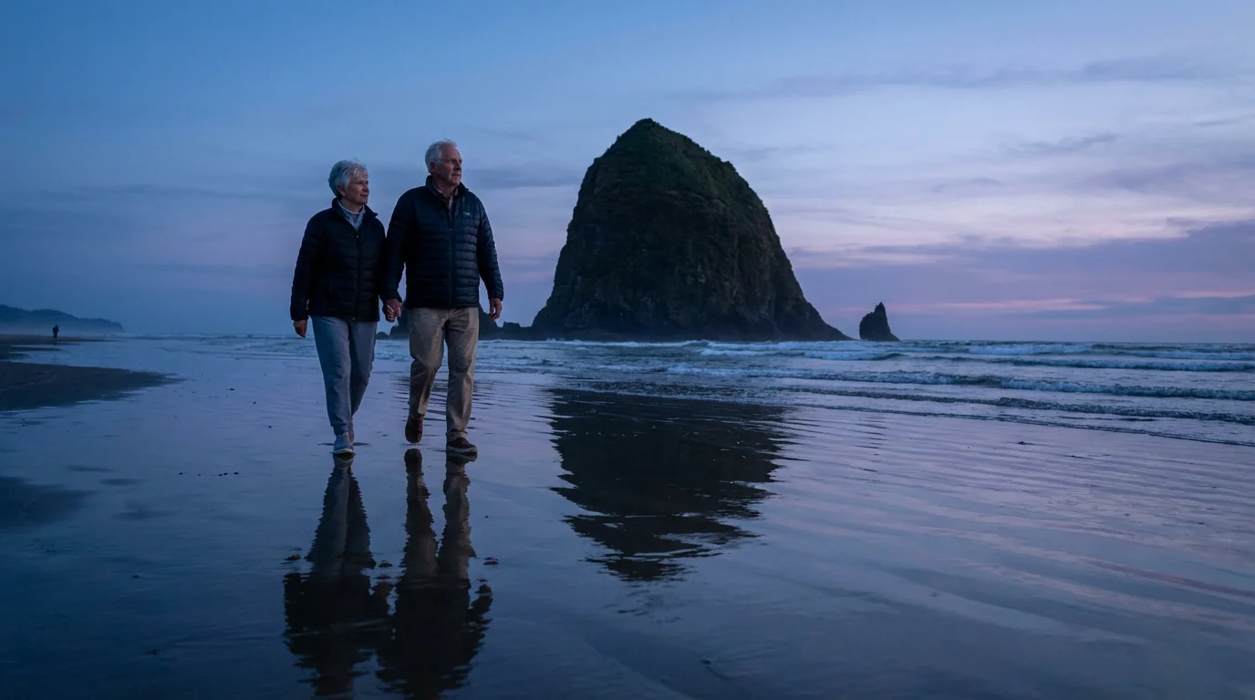 Senior couple walking on Cannon Beach, Oregon at twilight with Haystack Rock.