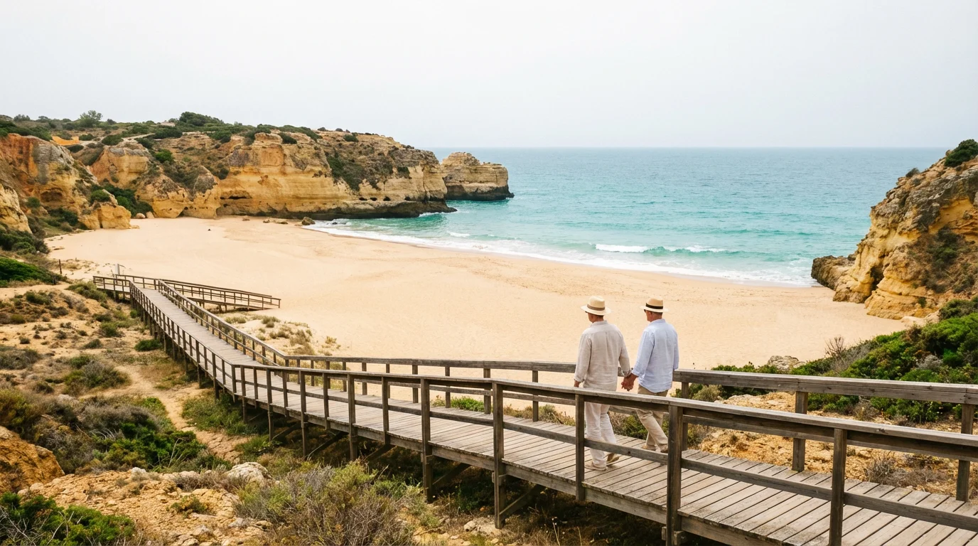 Senior couple walks on a wooden boardwalk towards a scenic Algarve beach with cliffs.