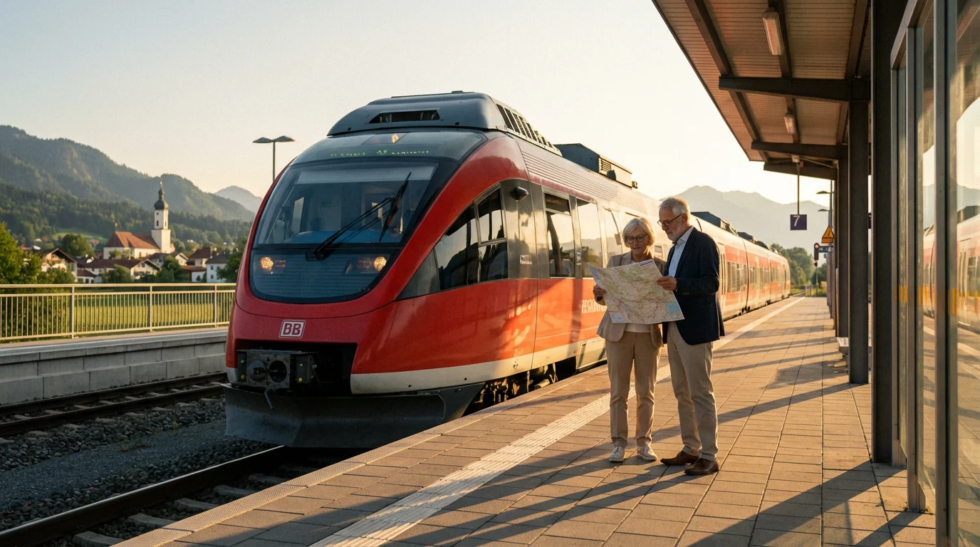Senior couple with a map waiting for a train in a Bavarian train station.