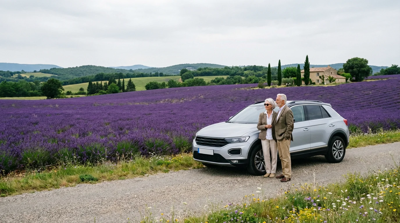 Senior couple with a rental car enjoying the view of Provence's lavender fields.