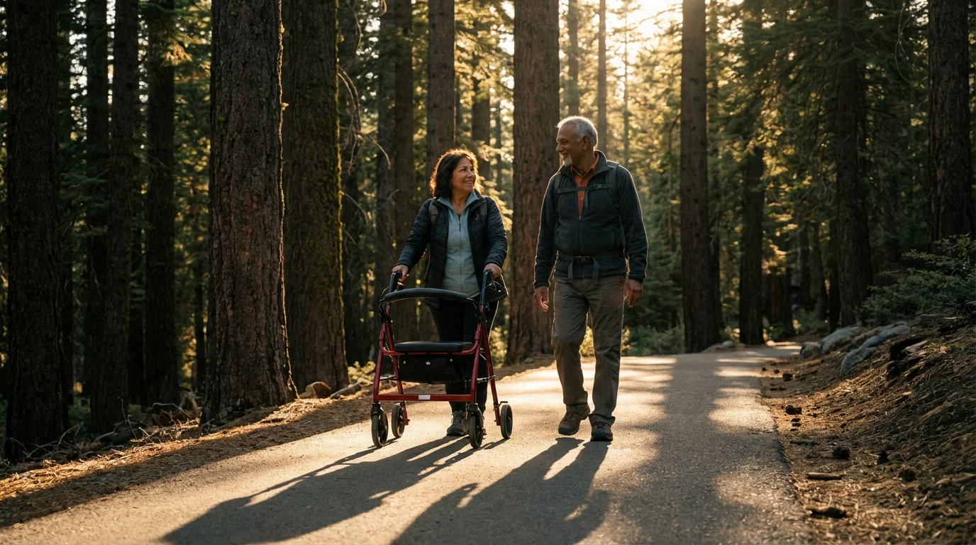 Senior couple with a walker enjoying a walk on an accessible forest trail.