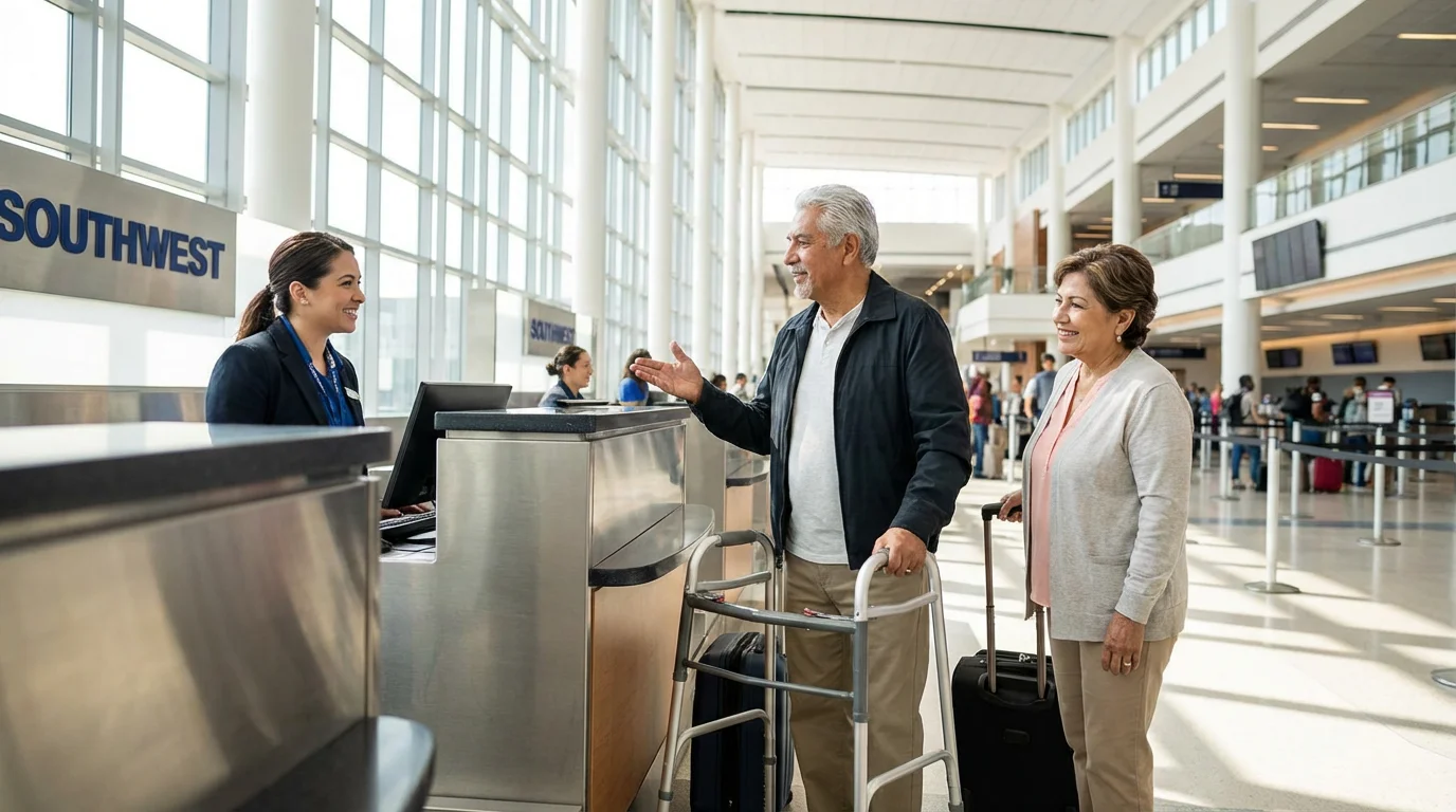 Senior couple with a walker speaking clearly with an airline agent at a sunlit airport counter.