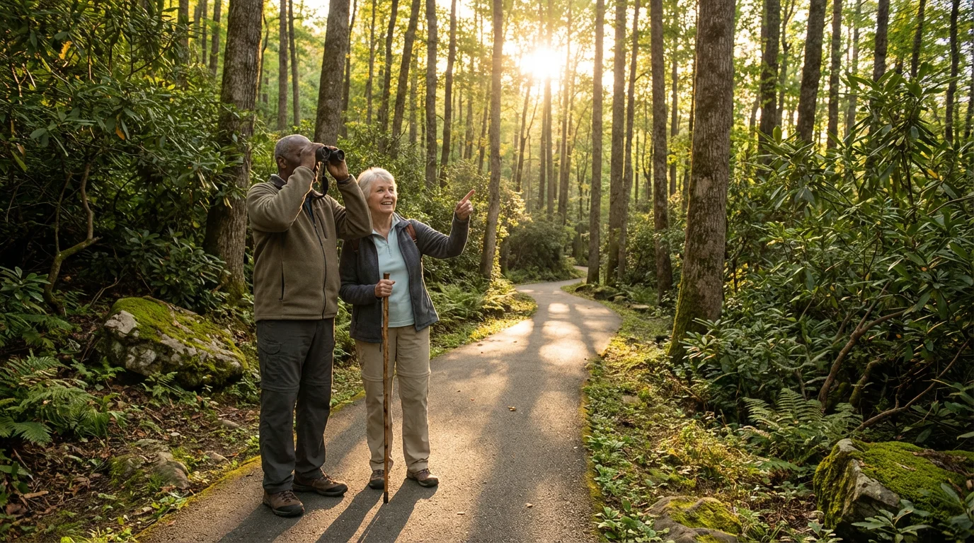 Senior couple with binoculars on an accessible Smoky Mountains trail during a golden sunset.
