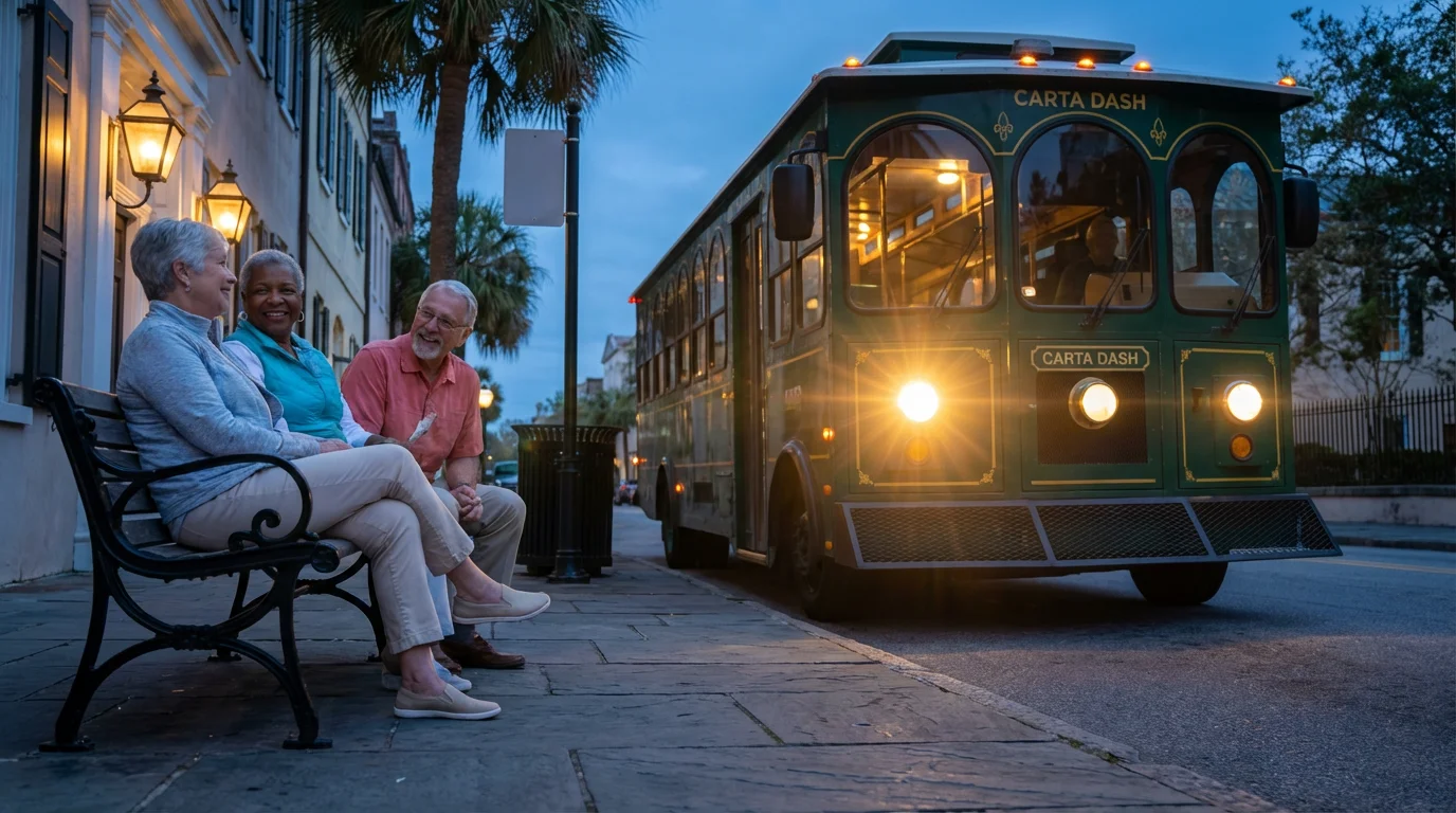 Senior friends waiting for a vintage trolley on a historic Charleston street at dusk.