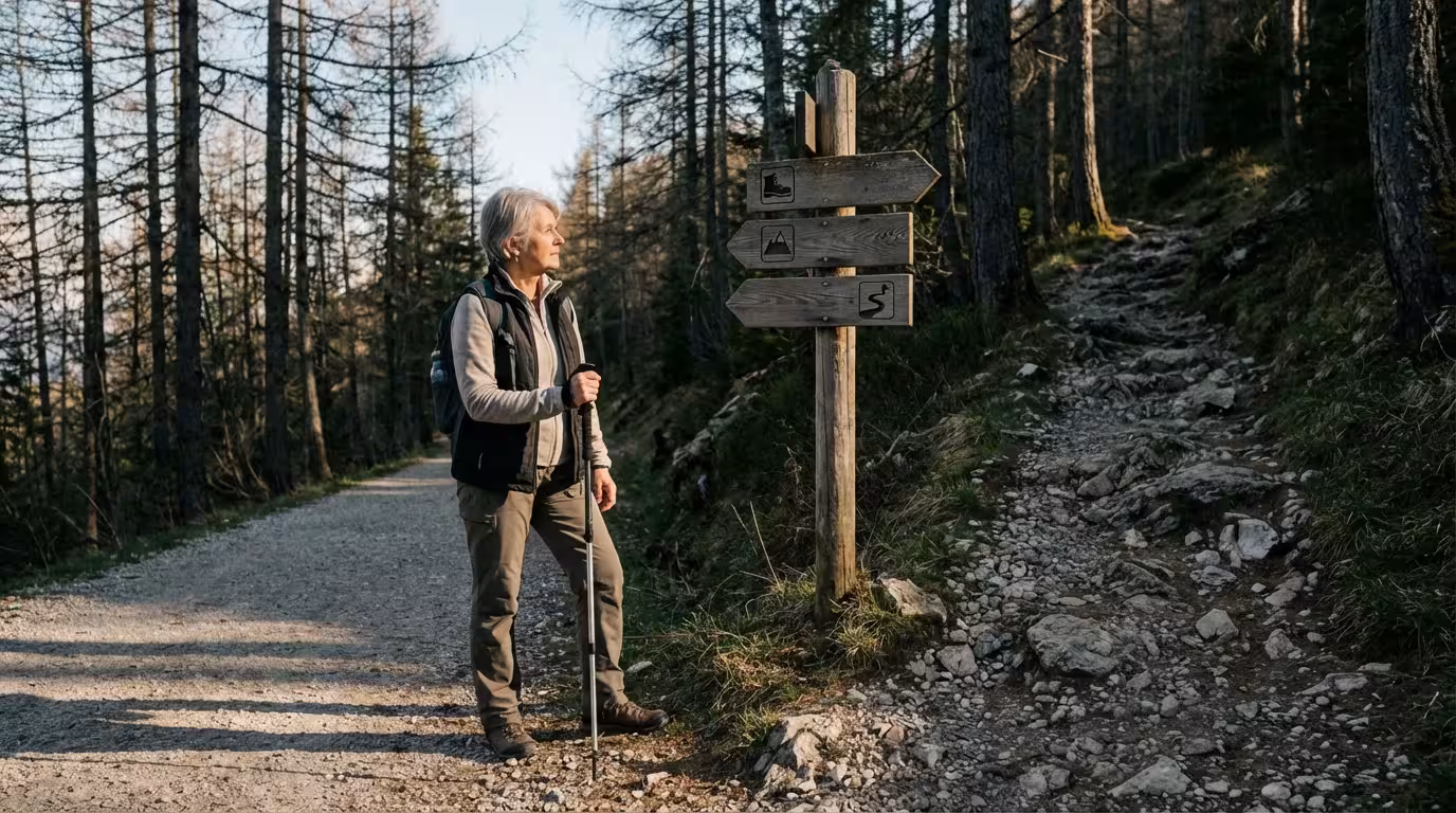 Senior hiker thoughtfully studies a trail sign with symbols at a fork in the path.