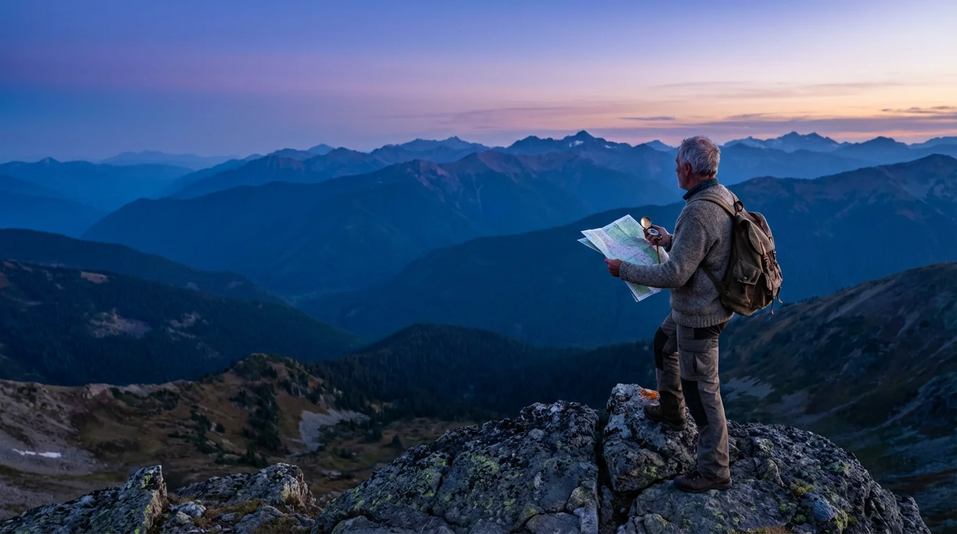 Senior hiker using a map and compass to navigate on a mountain ridge at dusk.