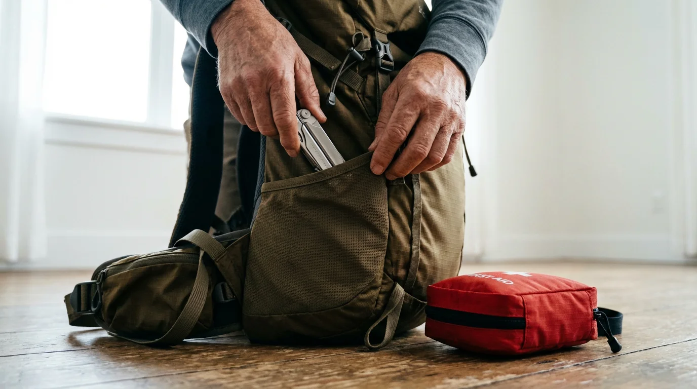 Senior hiker's hands packing a first-aid kit and multi-tool into a hiking backpack.